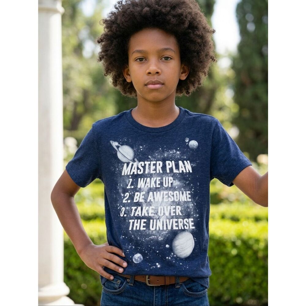 Boys Master Plan Galaxy T-Shirt Large 10/12 Blue Space Graphic Motivational Tee